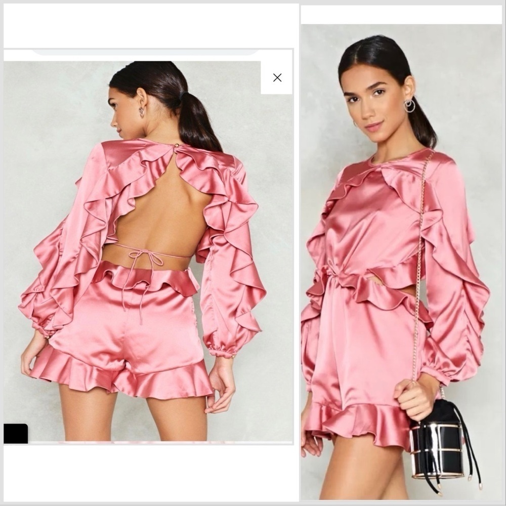 Nasty Girl cutout pink the old satin romper pink open back long sleeve size 8